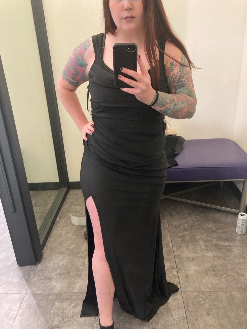 Windsor Black Draped Evening Gown with High Side Slit